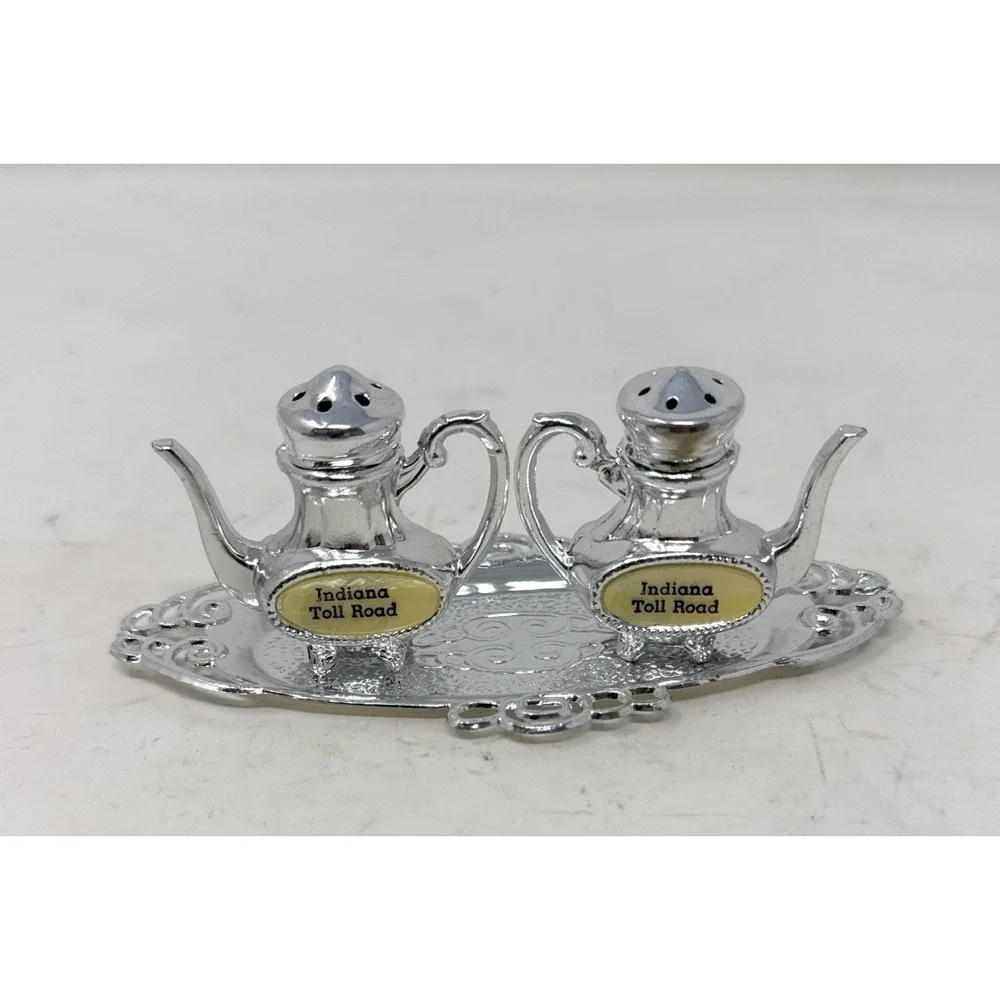 VTG Souvenir Salt Pepper Shakers Silver Teapots Tray Metal Indiana Toll Road